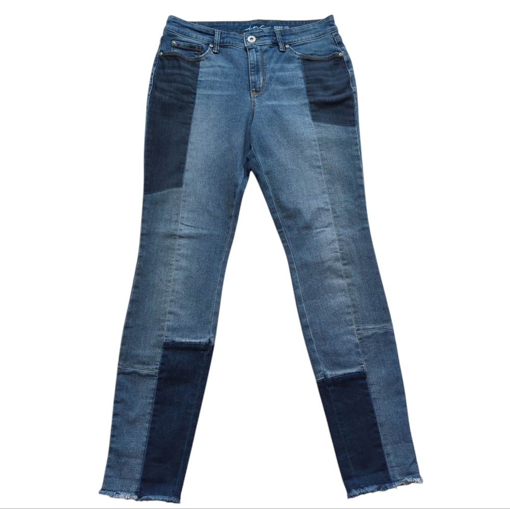 INC Patchwork Regular Fit Skinny Leg Raw Hem Distressed Denim Jeans 8 Blue - Picture 2 of 16